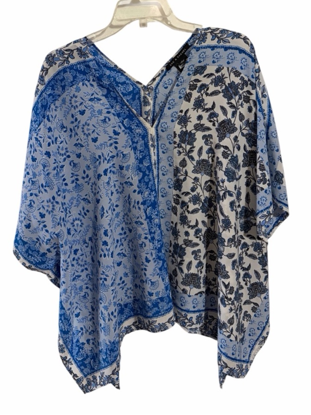Zac & Rachel Mixed Media Floral Bell Sleeve V-Neck Kaftan Top Large Blue White